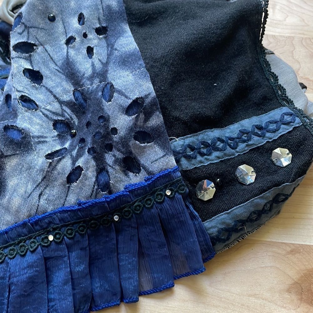 Patchwork scarf with lace, ruffle, beads in mostly light grey, blues and blacks